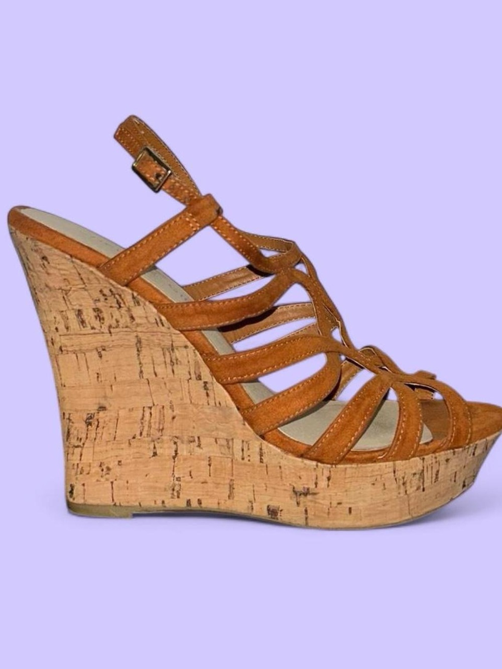 Y2K Tan Suede Cork Wedge Sandals